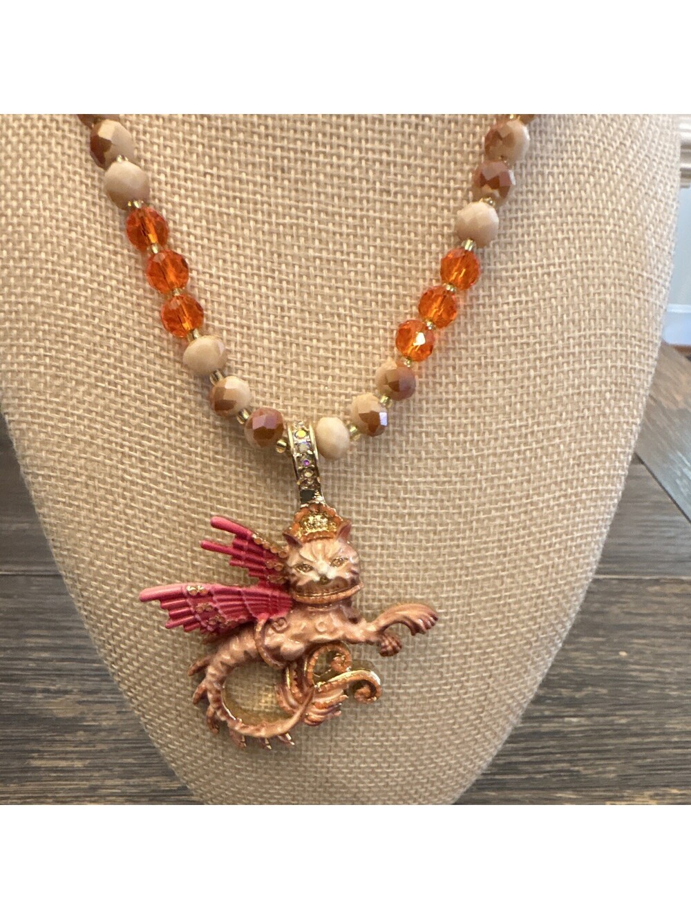 Kirks folly style Pink Winged Cat glass Beaded Necklace 22”